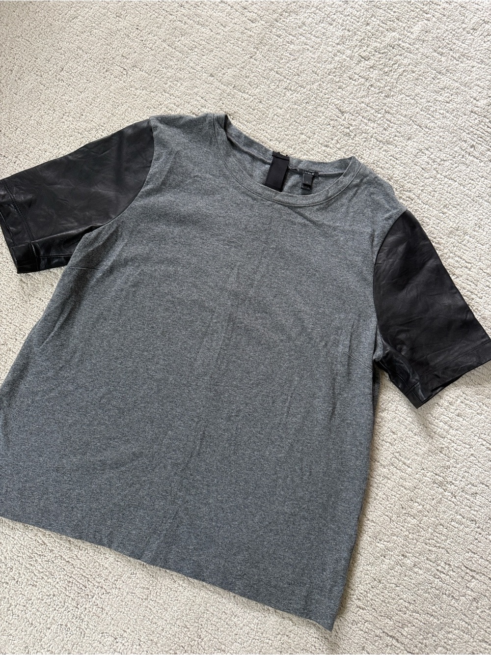 J. Crew Gray Tee with Black Faux-Leather Short Sleeves